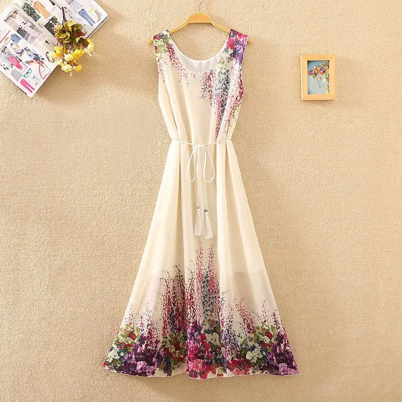 Sand Vacation Summer 2024 New Chiffon Colorful Dress Bohemia Sleeveless Printing Multicolor Lower Back Loose Comfortable Dress