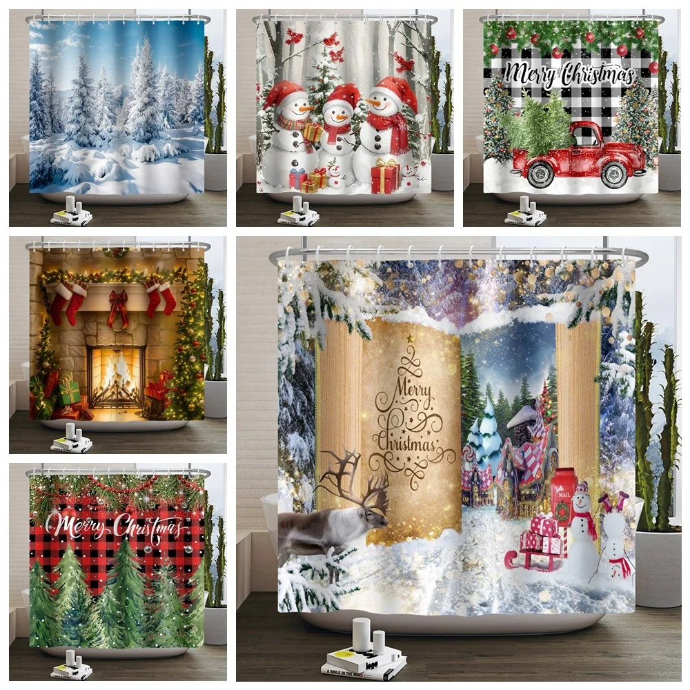 Merry Christmas Shower Curtain Winter Snow Christmas Tree Polyester Fabric Bathroom Curtain Waterproof Bathtub Screen with Hooks