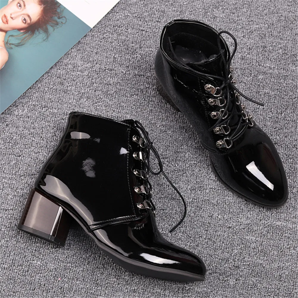 Spring Autumn New Arrival Fashion Shoes Women Boots Lace-up Patent Leather Ankle Boots Pointed Tick Heels Platform Boots Punk 43