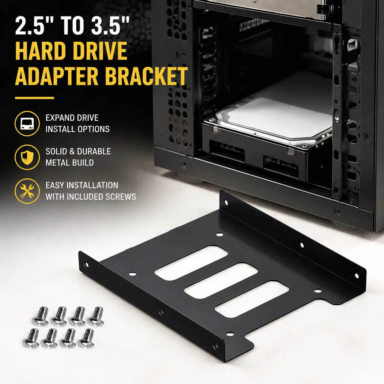 2.5 to 3.5 Inch Hard Drive Adapter Bracket with Screws, SSD HDD Mounting Holder for Desktop PC Case