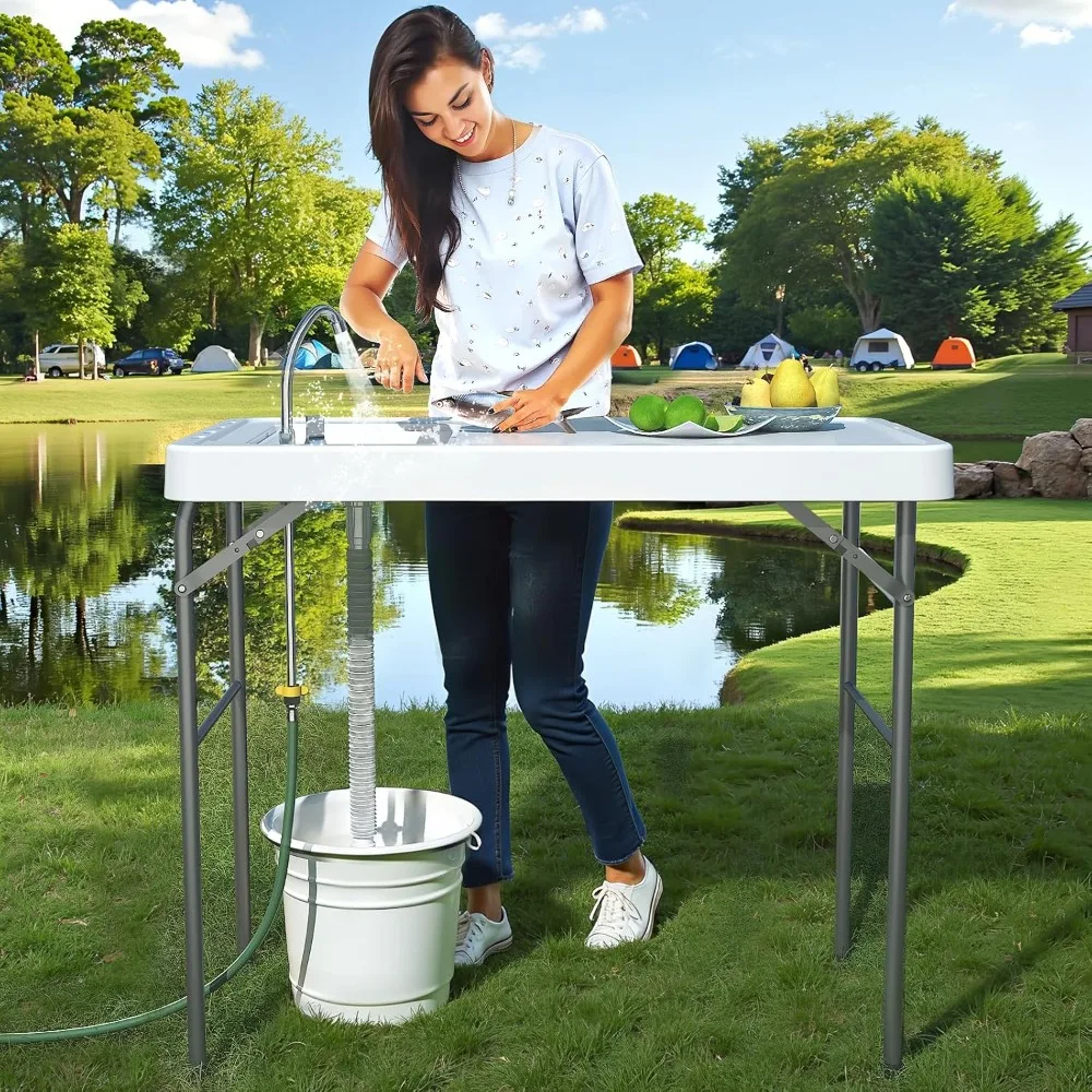 

42.5" Fish Cleaning Table with Sink,Folding Camping Table Fish Cleaning Station with Measure Mark,Camping Sink with Hose Hookup