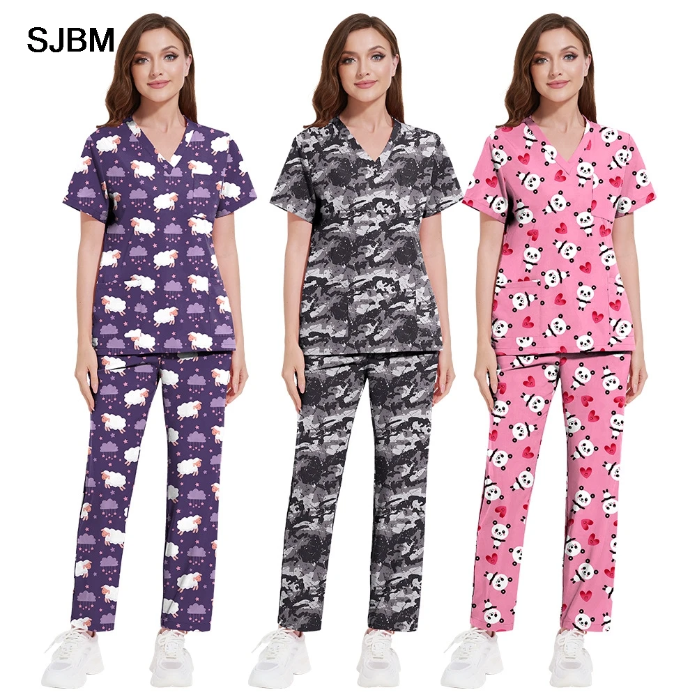 작업복 신축성 있는 브이넥 반팔 스크럽 세트 최신 수술복 통기성 유니섹스 프린트 실험실 치과 클리닉 약국