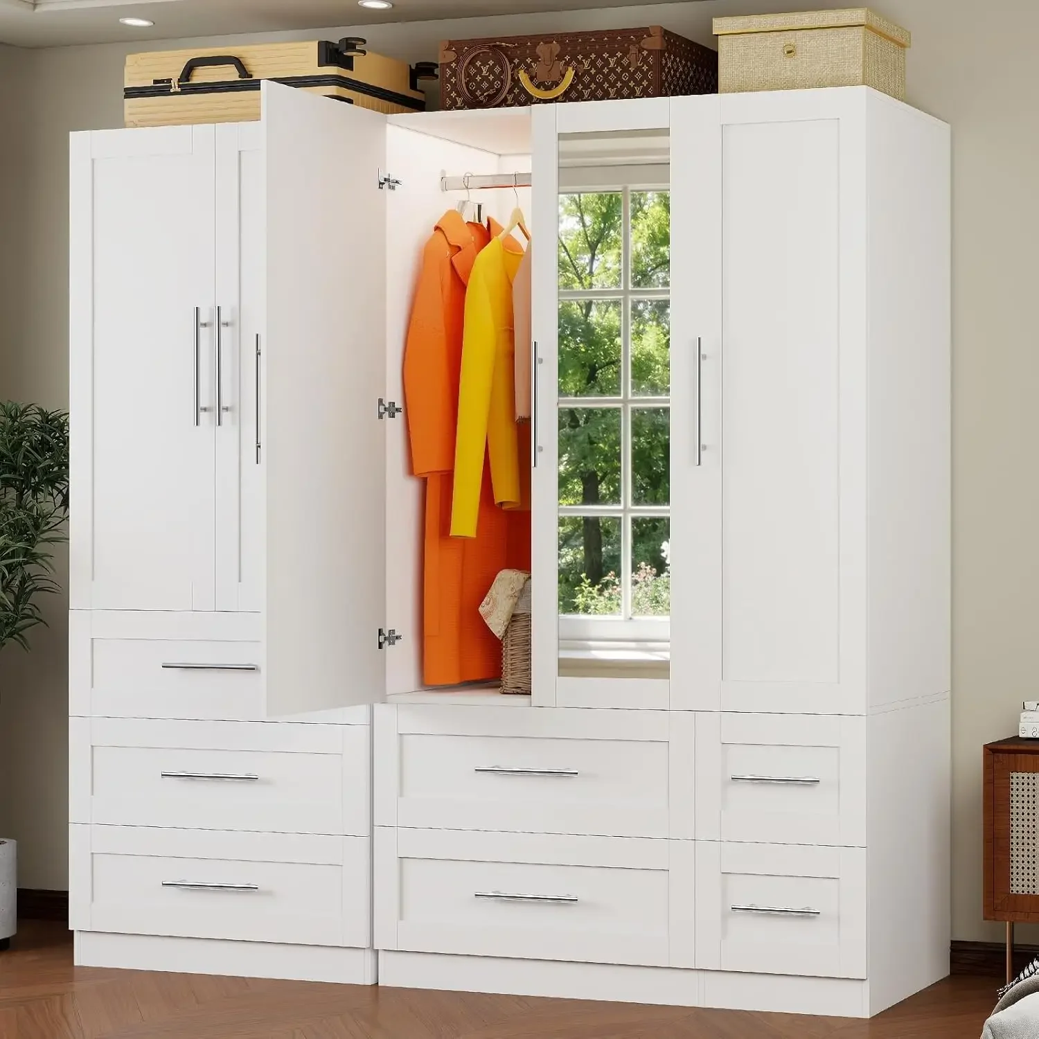 Armoire Wardrobe Closet with 7 Large Deep Drawers and Mirror 71 Tall Bedroom Armoires with 5 Doors White Wood Wardrobe Cabinet