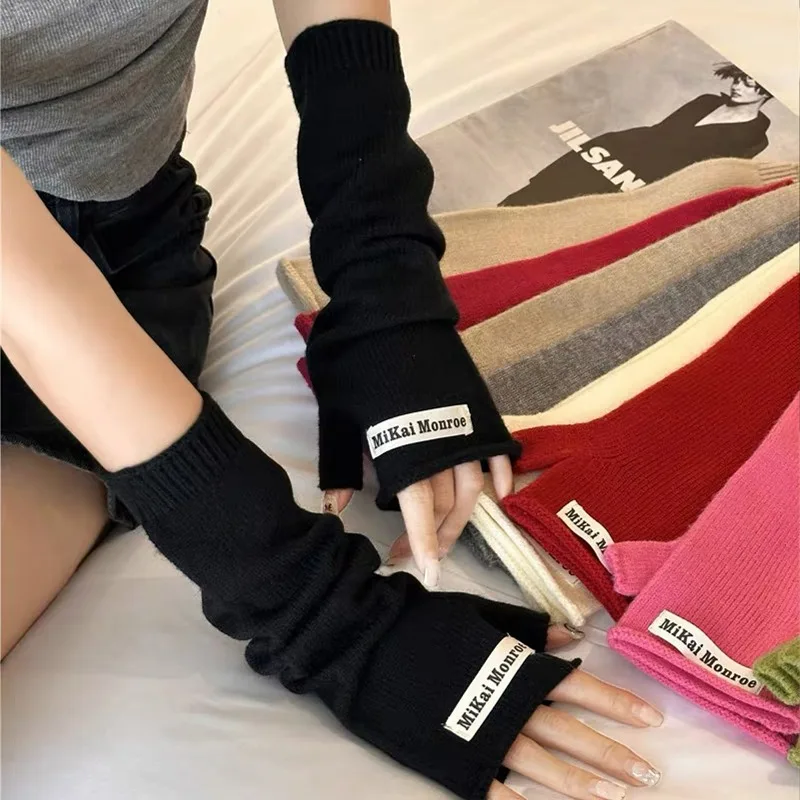 Version Half Finger Gloves Women Fashion Imitation Cashmere Warm Elbow Mittens Autumn Winter Stacked Half Finger Arm Warmers