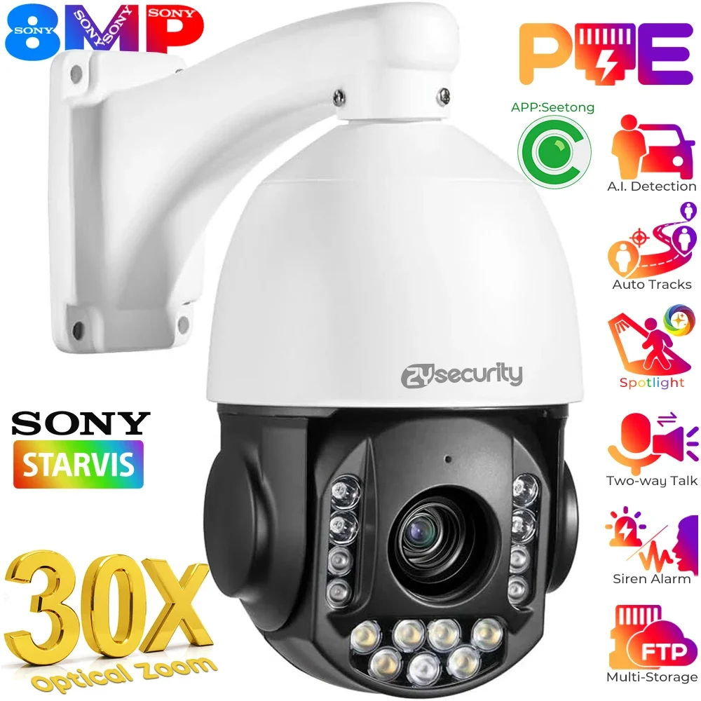 4K PTZ Security Camera Outdoor with 30X Optical Zoom 1000FT Night Vision 8MP 360° PoE RTSP IP Camera Auto Tracking Human/Vehicle