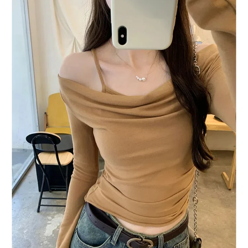 Ladies Fake Two Pieces Sexy Spaghetti Strap Sheathy T-shirts Women Early Autumn Long Sleeve Slim T Shirt Korean Style Woman Tops