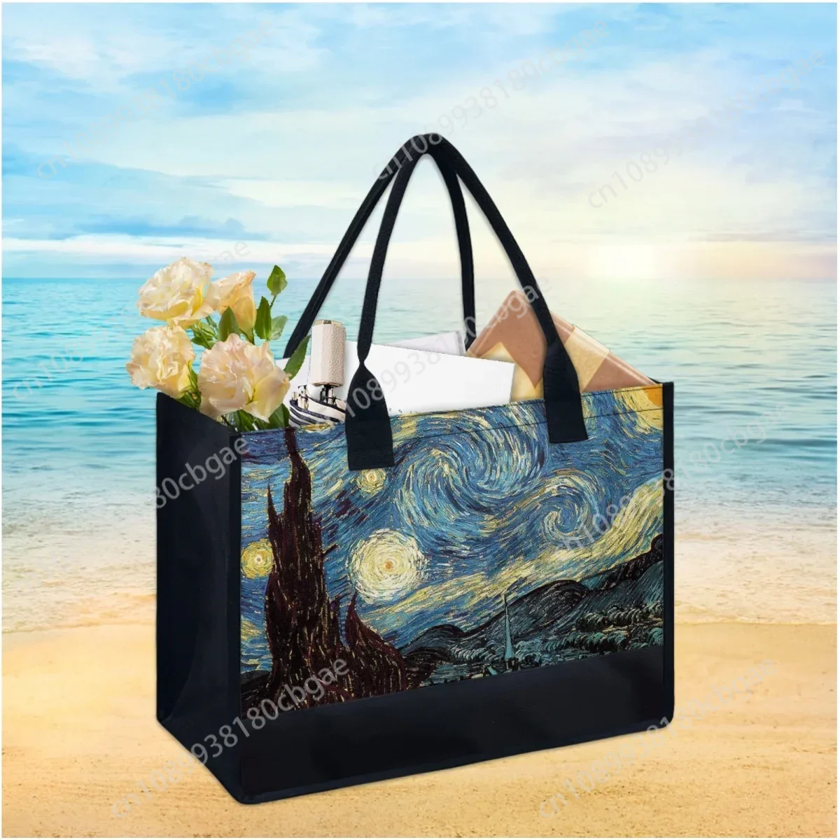 Van Gogh Notte stellata Pittura a olio Designer Tote Bag per le donne Viaggio Festa Spiaggia Borsa di tela Borse regalo di Natale di Halloween