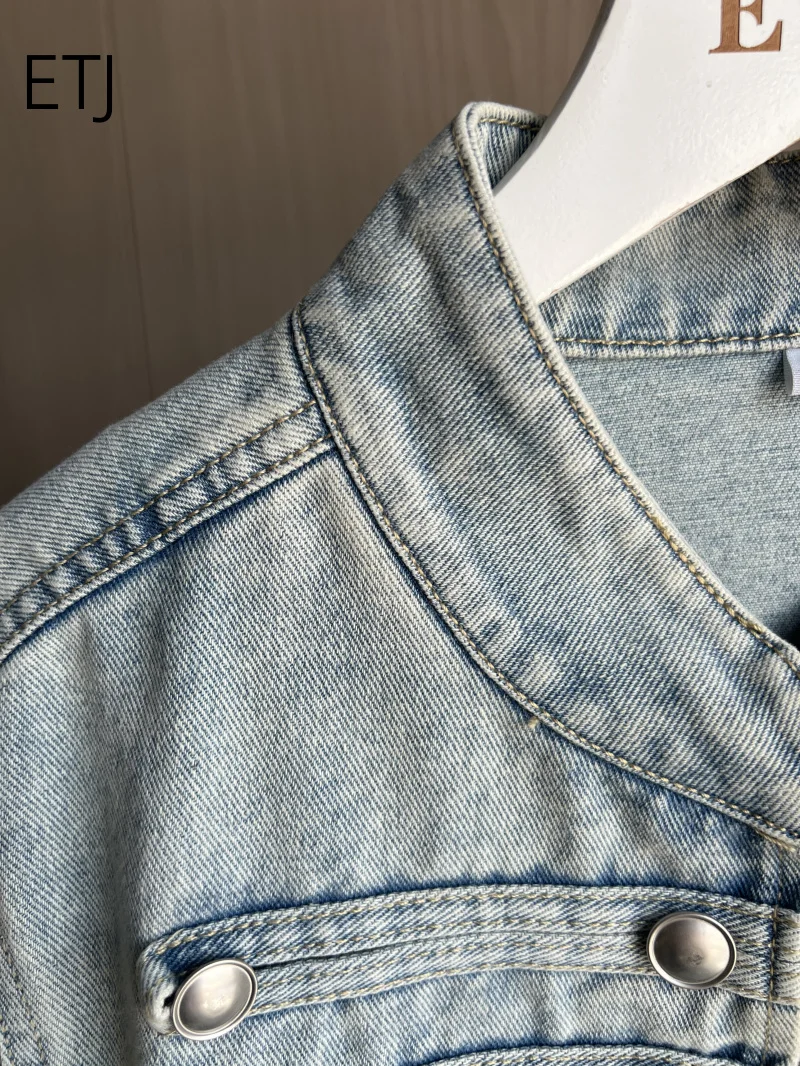 ETJ 2026 Damen Napoleon-Stil Jeansjacke Vintage Militär Doppelreihiger Mantel Silberne Knöpfe Slim Fit Herbst Oberbekleidung – Detail 25