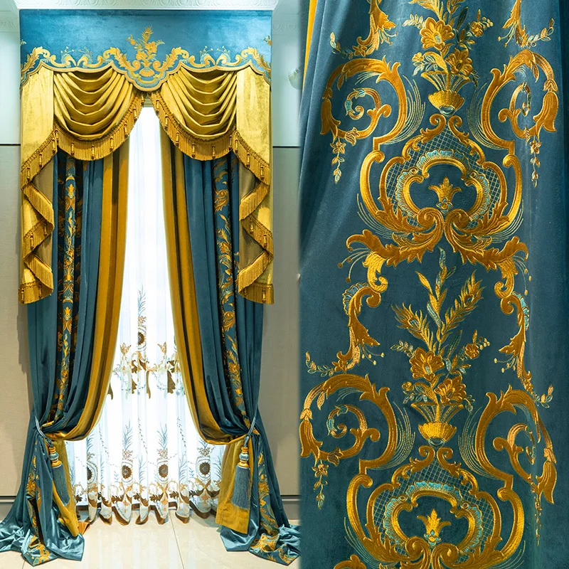 

Custom curtain Chinese high-grade European classical blue embroidery yellow thick bedroom blackout curtain tulle valance M1522