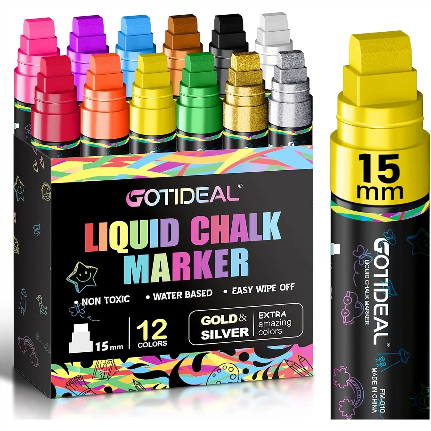 

15mm Jumbo Window Markers, 12 Colors Erasable Chalk Markers For Blackboard Glass Car Mirror Washable Paint Pens With Metallic Colors