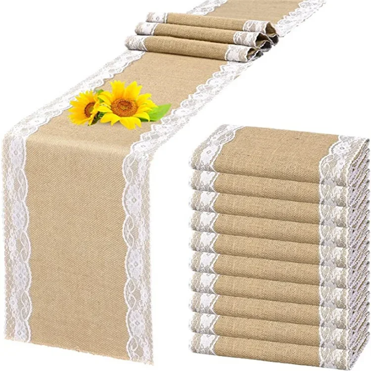 10 Packs Natural Jute Table Runner Rustic Vintage Lace Burlap Table Runners for Wedding Christmas Party Table Decorations