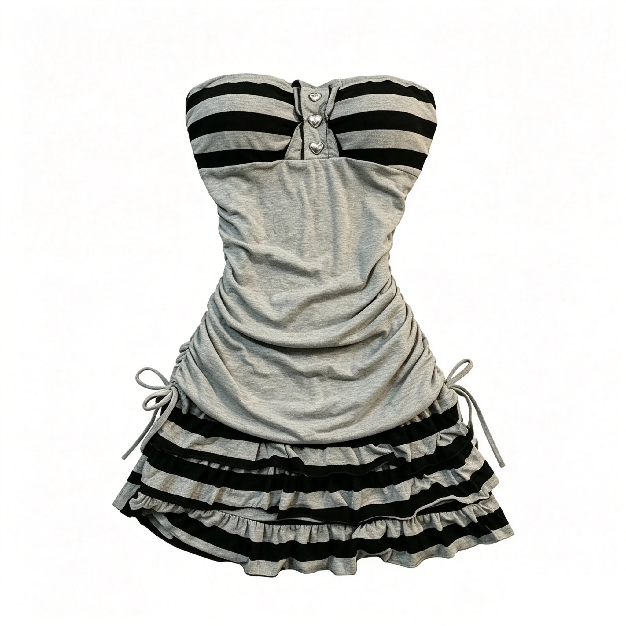 Gray Stripe Draw Rope Thin Breast Dress Summer Female Feeling Hot Girl Fit Wear A Line Skirt High Street Fashion Versatile Y2K
