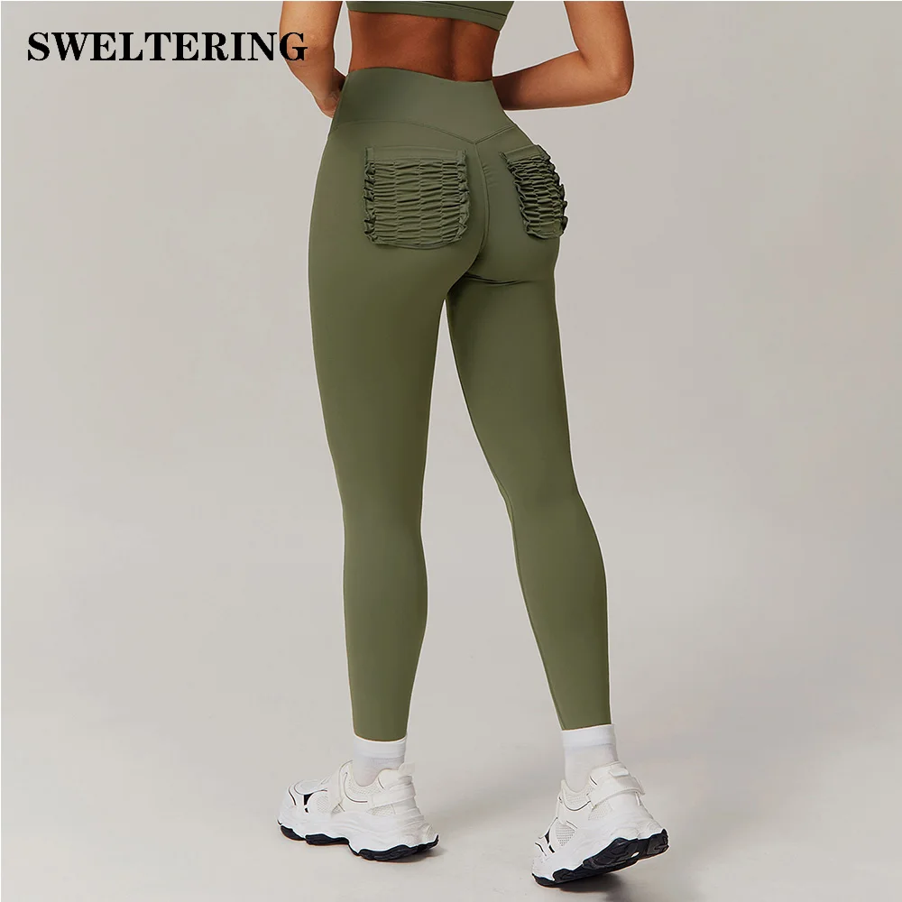 Fitness Women Sport Pocket Leggings High Waist Elastic Solid Yoga Leggings Gym Jogging Quick Dry Push Up Slim Pants Female Tight