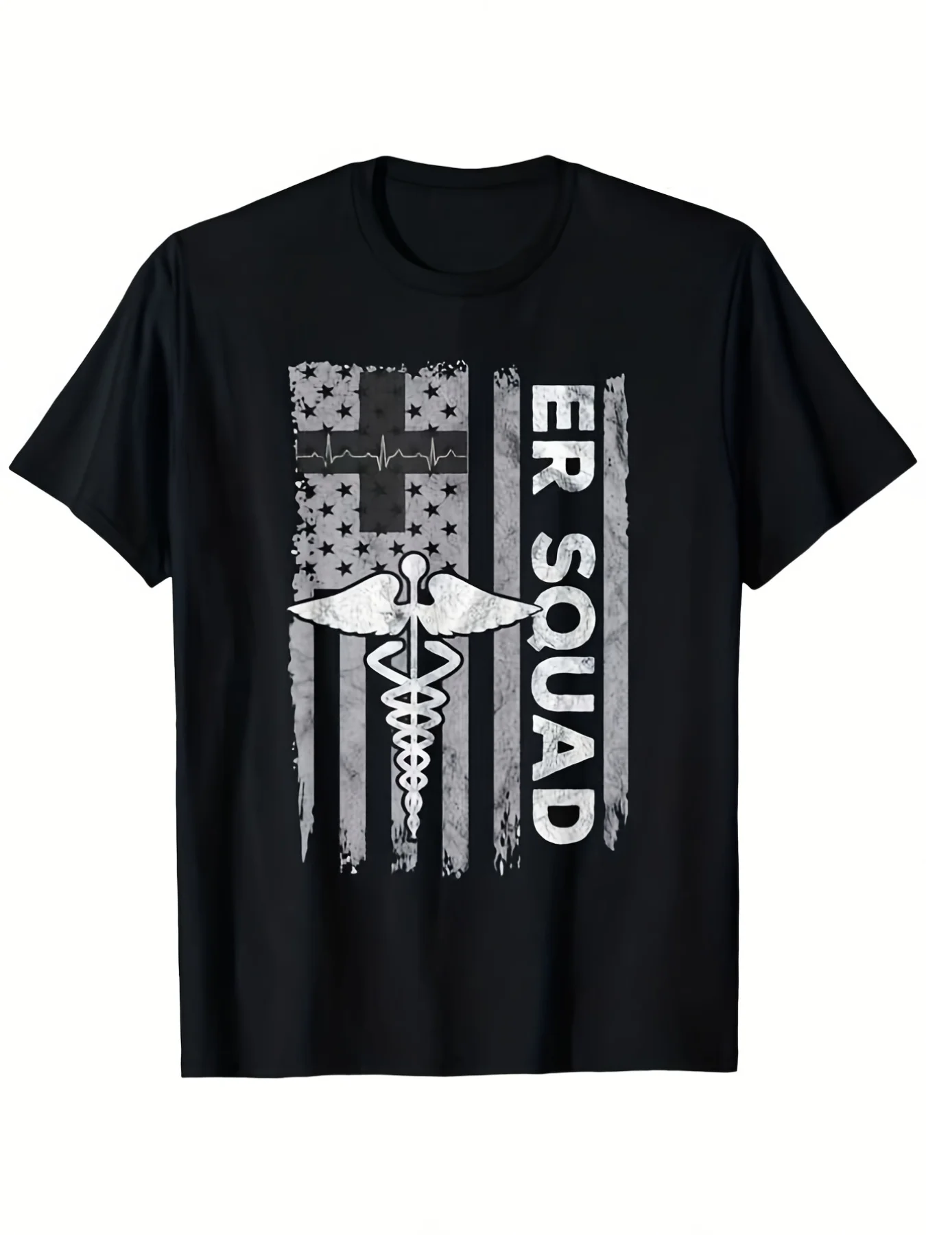 T-Shirt Featuring The ER Squad Medical Emblem And a Worn American Flag - Retro Shirt for Emergency Room Healthcare Workers, Incl