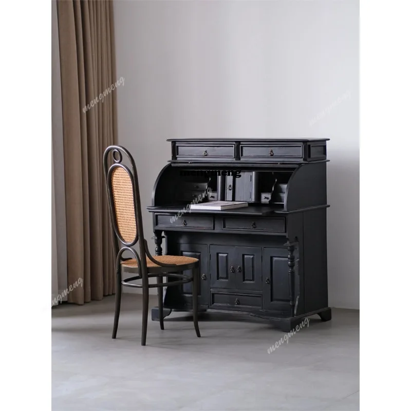 French solid wood retro small apartment bedroom dresser black with drawers model room engraving desk