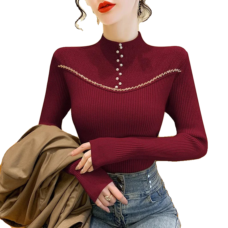 เสื้อไหมพรมแขนยาวสไตล์เกาหลีสำหรับผู้หญิง ติดกระดุม คอสูง ดีไซน์แบบเสื้อซับใน ผ้าไหม แต่งลายปะติด