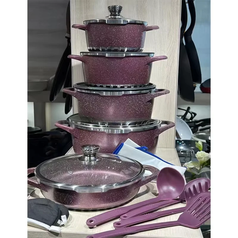 Cookware Set 17 Pieces Brown Granite Aluminum Non-Stick Cookware Set Kitchen
