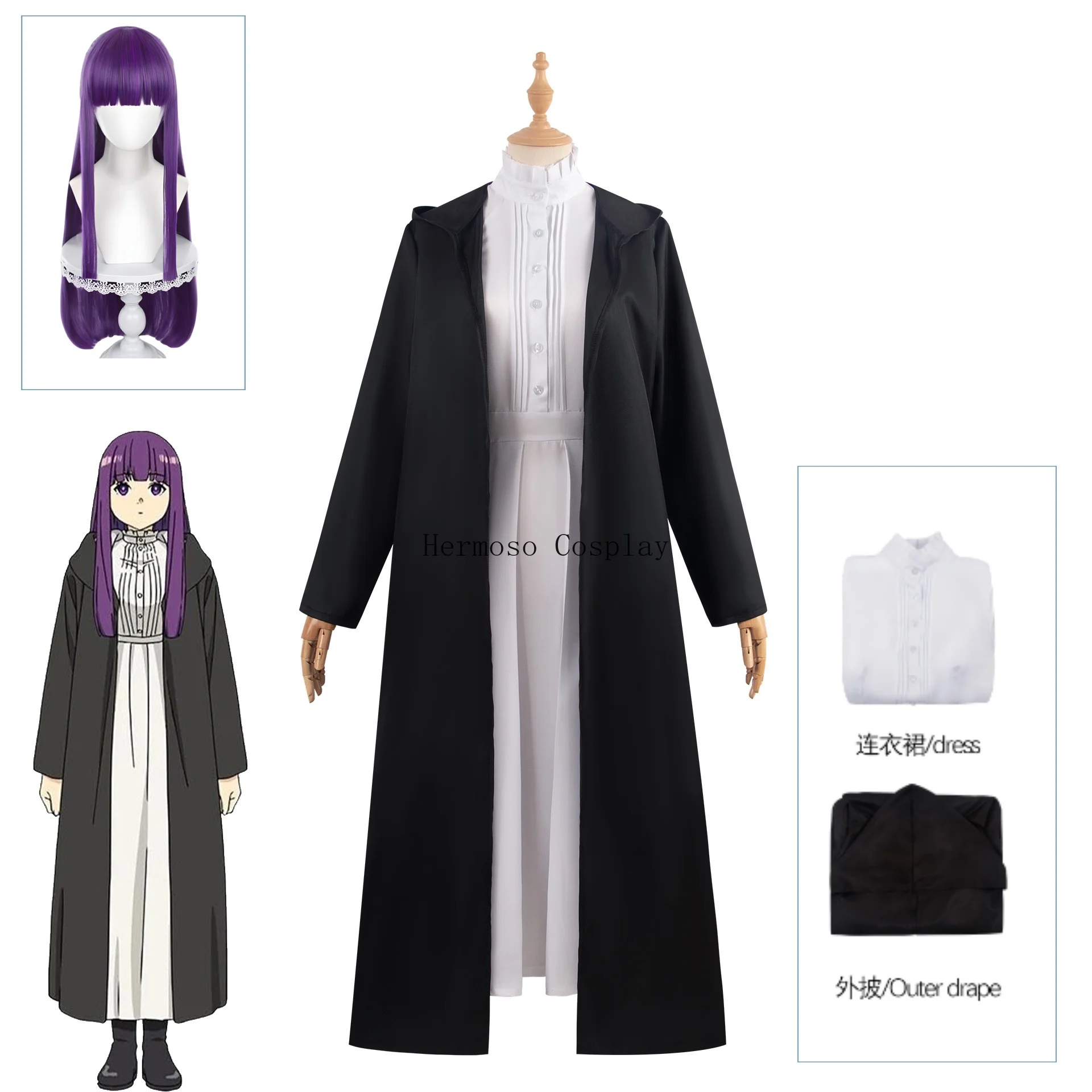 Frieren Fern Cosplay Costume para Mulheres, Peruca, Anime, Beyond Journey's End Dress, Jaqueta, Uniforme, Headwear, Roupas de Festa de Aniversário