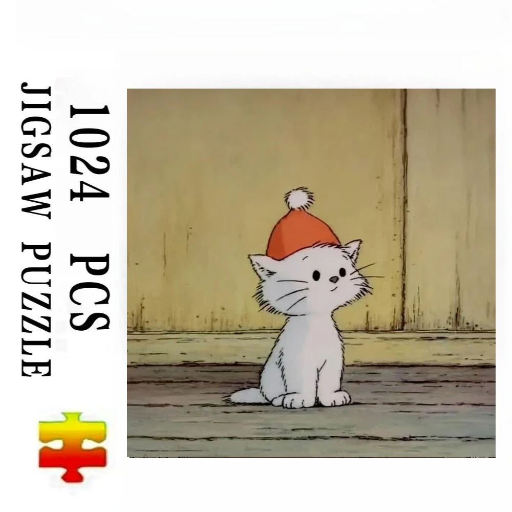 Cute White Cat with Red Hat Jigsaw Puzzles 500PCS/1024 PCS Wall Decor for Living Room Bedroom Perfect Gift No Frame