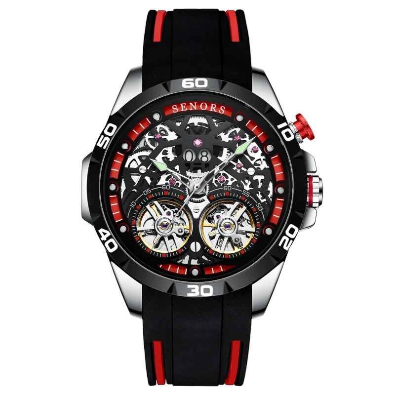 SENORS SN202 Men`s Watch Automatic Mechanical Watches Men Skeleton Double Tourbillon Sapphire Glass Clock Hollow Wristwatch 3ATM