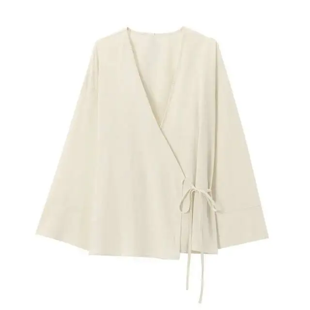 

Spring And Autumn Loose Shirts New Women's Textured Kimono Style V-Neck Tunic Multicolor Solid Color Simple Casual Jacket Coat