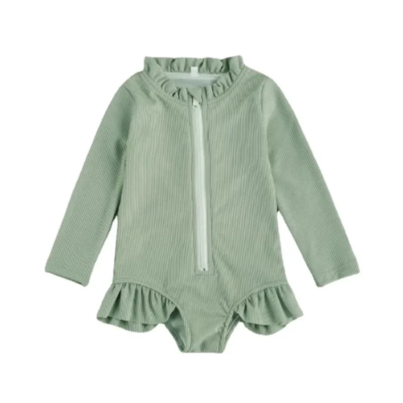 Costume da bagno per bambina, per bambini, per bambina, lavorato a maglia, con cerniera frontale, manica lunga, volant, costume da bagno estivo, tuta da bagno