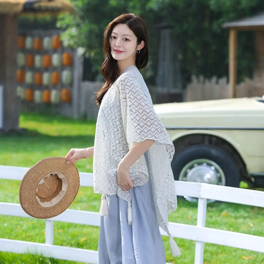 빈티지 우아한 민족 스타일 술 숄 얇은 다채로운 선 스크린 크로 셰 뜨개질 카디건 레트로 할로우 비치 스카프 야외