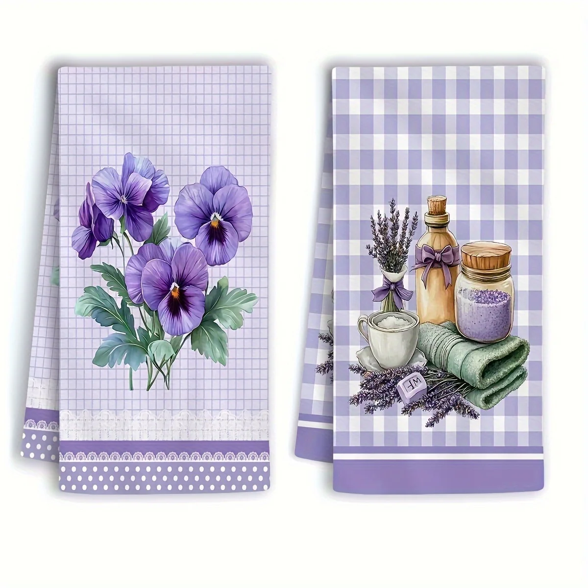 Pack of 2, purple vase, can and can printed towel.