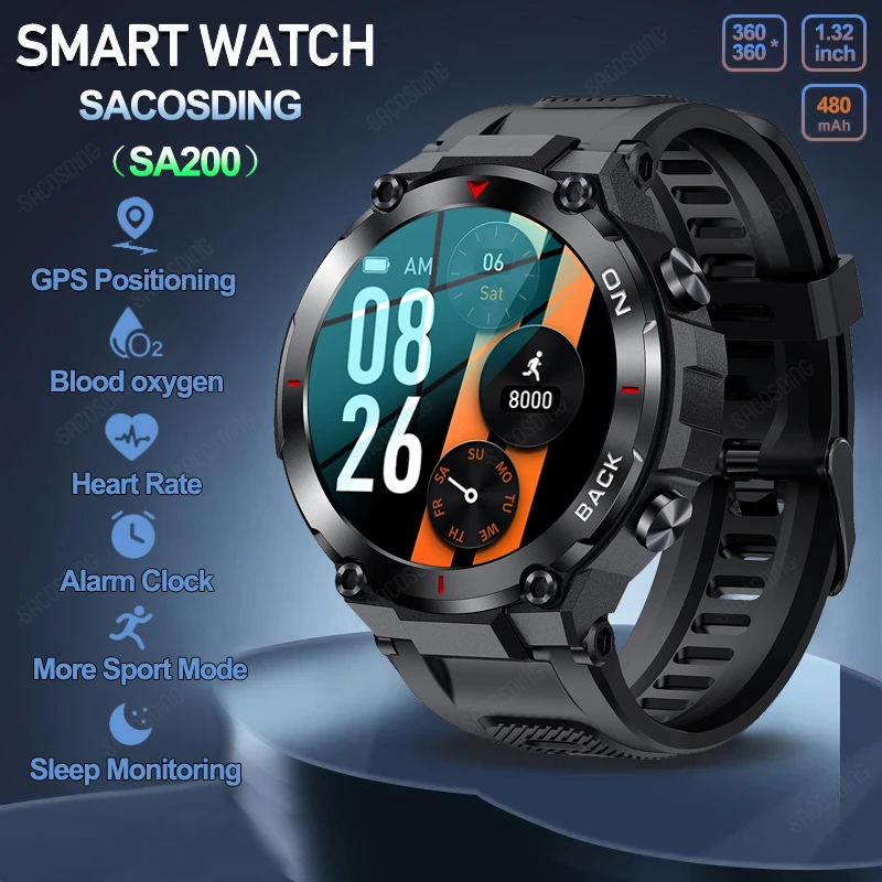 SACOSDING SA200 GPS Smart Watch Sports Fitness Heart Rate Monitor Built-in GPS Positioning IP68 Waterproof Military Smartwatch