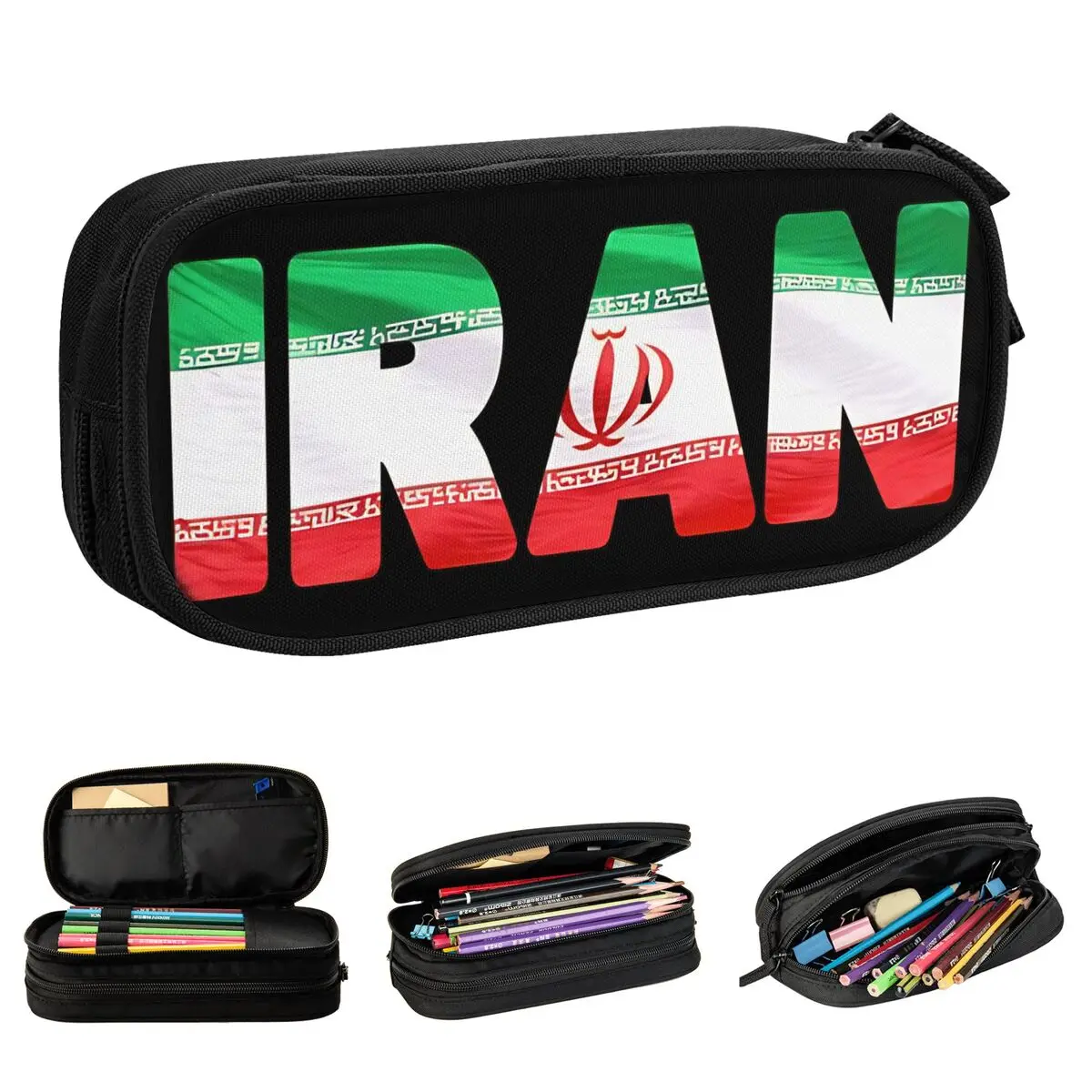 Large-capacity Pencil Pouch Iran Persia Map Flag School Accessories Double Layer Pencil Bag Girl Makeup Bags Perfect Gifts