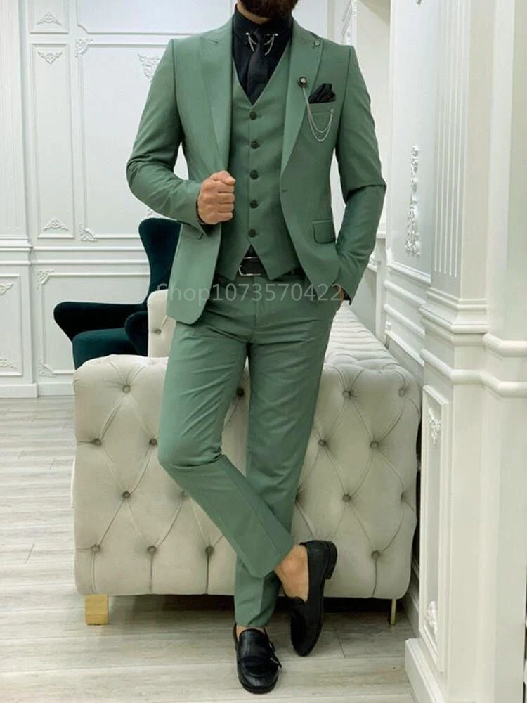 Mocha Green Men\'s Suits One Button Slim Fit 3 Pieces Wedding Prom Party Suit Jacket Vest Trousers Formal Tuxeods for Business