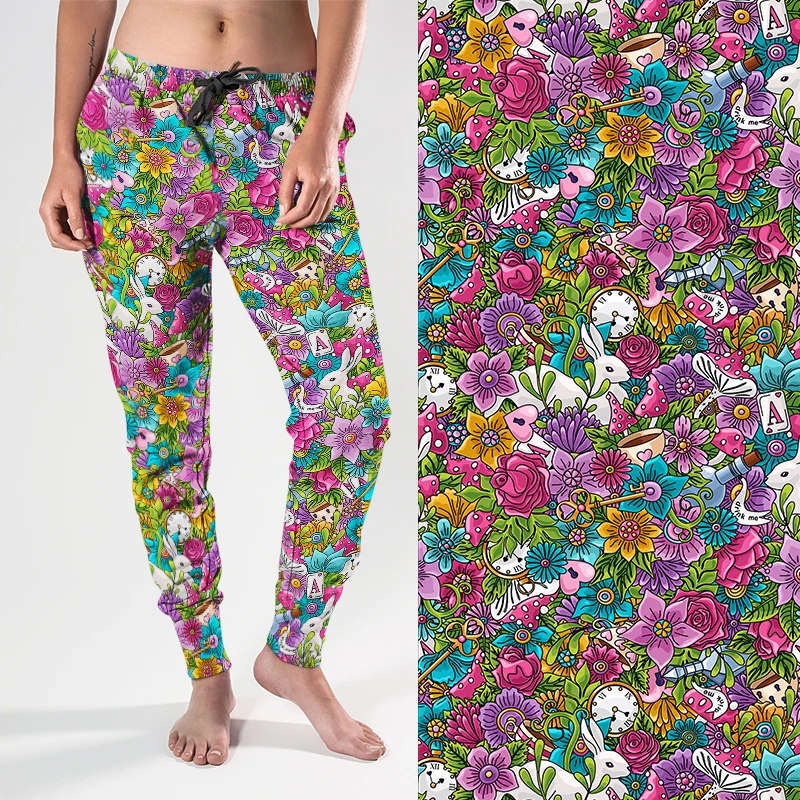 LETSFIND New Colourful Patterns of Flowers and Rabbits Print Women Jogger Have Pocket  High Quaility Soft Streetwear