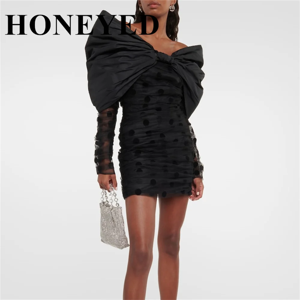 HONEYED Fashion Wave point Bow Stretch Slim Pleated Short Formal Occasion Dresses Elegant Women's Long Sleeves mini Cocktail