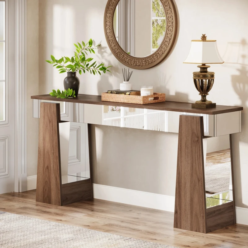 Farmhouse wooden entry table with thickened legs, 63-inch narrow sofa back sofa table