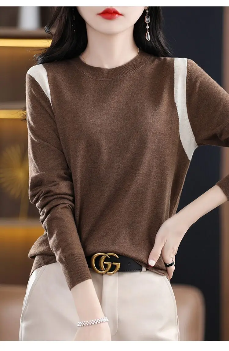 

Spring and Autumn New Knitted Wool Women's Round Neck Shoulder Contrast Design Simple and Fashionable Long Sleeve Knitted Sweate