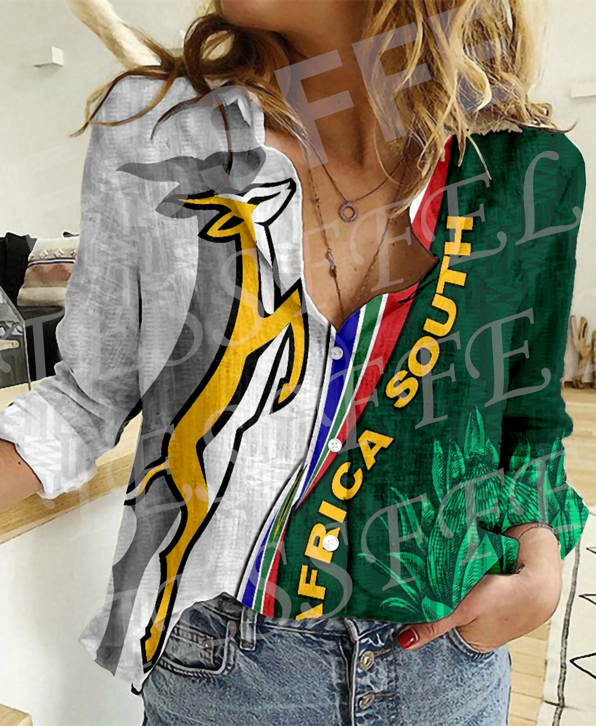 South Africa Country Flag Tattoo Tribe Retro Vintage Streetwear 3DPrint Harajuku Women Casual Button-Down Shirts Long Sleeves A8