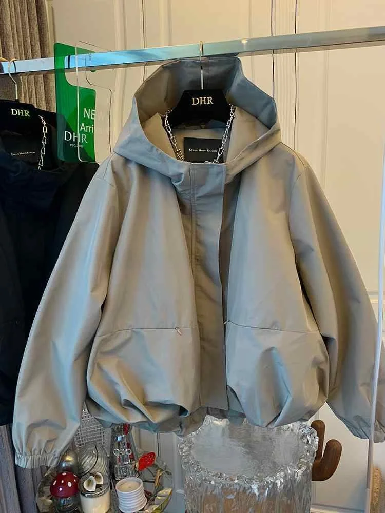 Casual Loose Short Women's Jacket British Style Coat with Hood Long Sleeve High Waist Zipper Closure  Color Spring Outer...