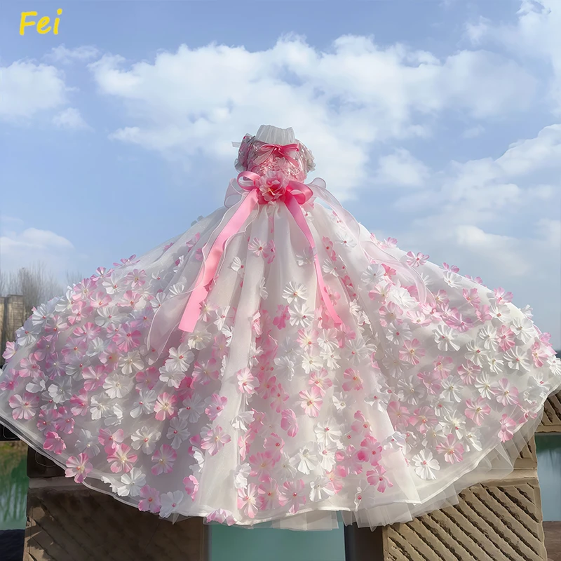 

Handmade Lace Dog Dress w/ Pearl Flower, Princess Tail Skirt for Puppy Wedding, Luxury Party Gown Chihuahua Pomeranian