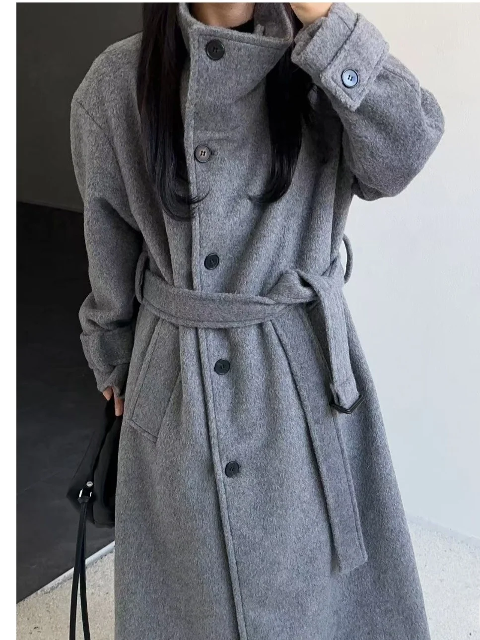 

Faionable Stand Collar Double Breasted Belted Waistcoat Length Women's Coat Loose Large Aosphere Woolen Coat