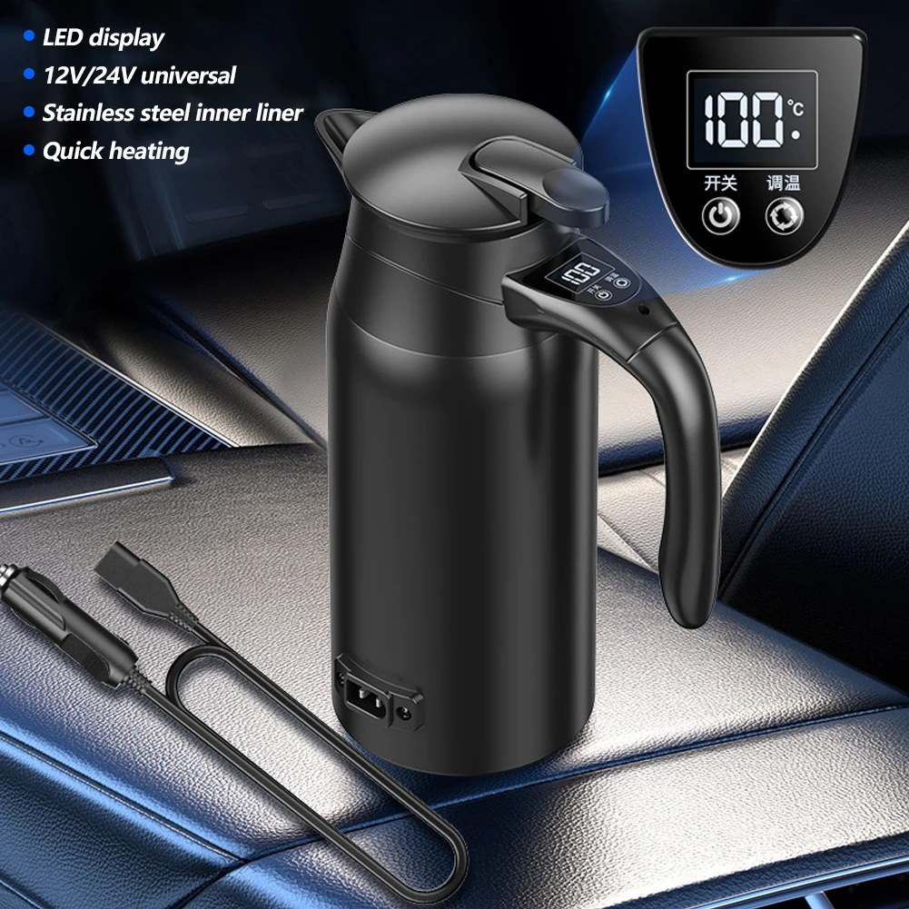 Taza calefactora inteligente negra para coche, hervidor eléctrico de gran capacidad de 0,8l y 1,2l, Caldera de agua de acero inoxidable 316 para vehículo, 12V/24V