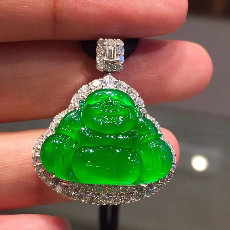 Myanmar Laughing Buddha Jade Ornament Pendant in Bright Imperial Green  Guanyin and Maitreya Buddh