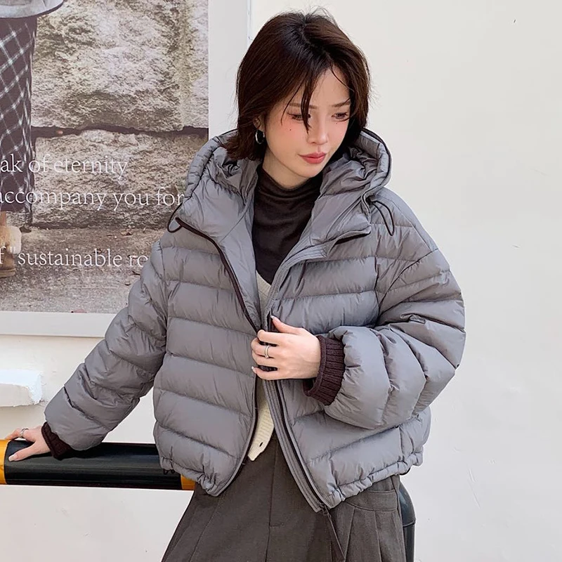Winter Waterproof White Duck Down Outwears Women Color Blocking Splice Hooded Down Jacket Female Drawstring Warm Down Jacket