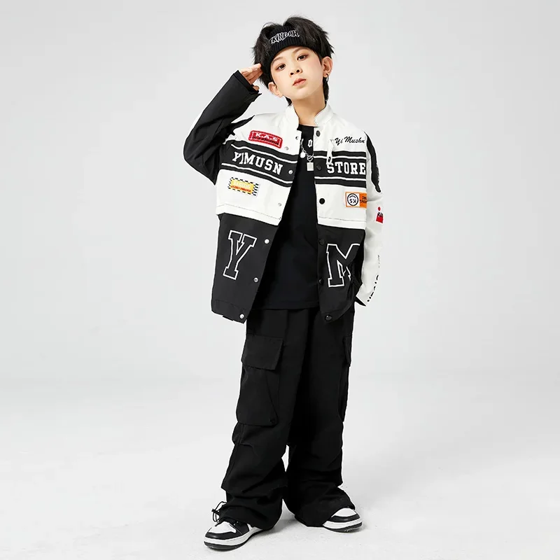 Bambini Kpop Hip Hop che mostrano abbigliamento Cappotto da baseball per moto Pantaloni cargo neri per ragazza Ragazzo Jazz Kpop Costume da ballo Abbigliamento