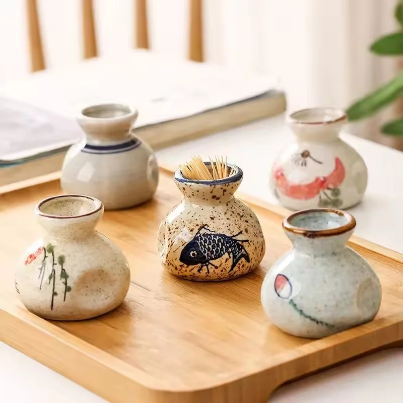 

Japanese Style Ceramic Toothpick Holder Mini Retro Cotton Swab Storage Jar Simple Small Vases Decor Toothpick Dispenser Box