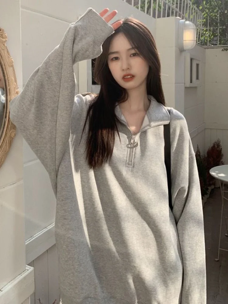 QWEEK Casual Oversized Sweatshirts Women Korean Fashion Kpop Polo Collar Grey Solid Pullovers 2022 Autumn Streetwear