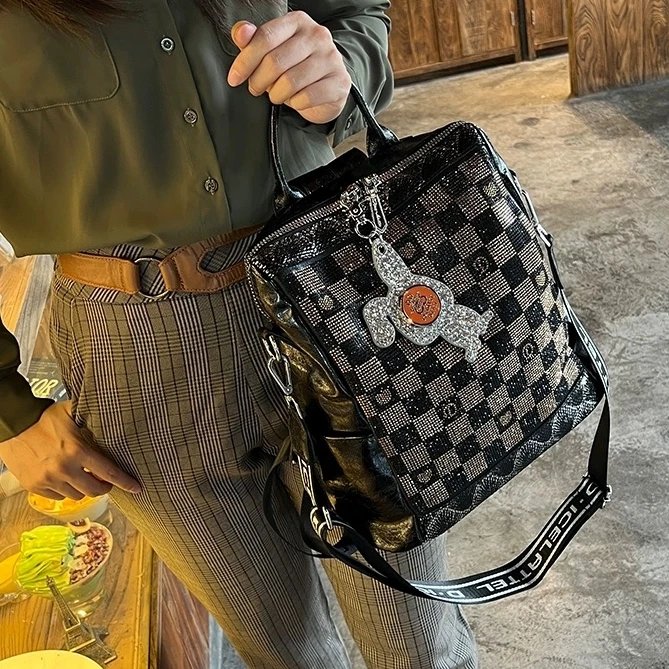 Plaid Rhinestone Large Backpack, Adjustable Strap Crossbody, Anti-Theft Travel Bag For Women, Perfect for School, Business Trips