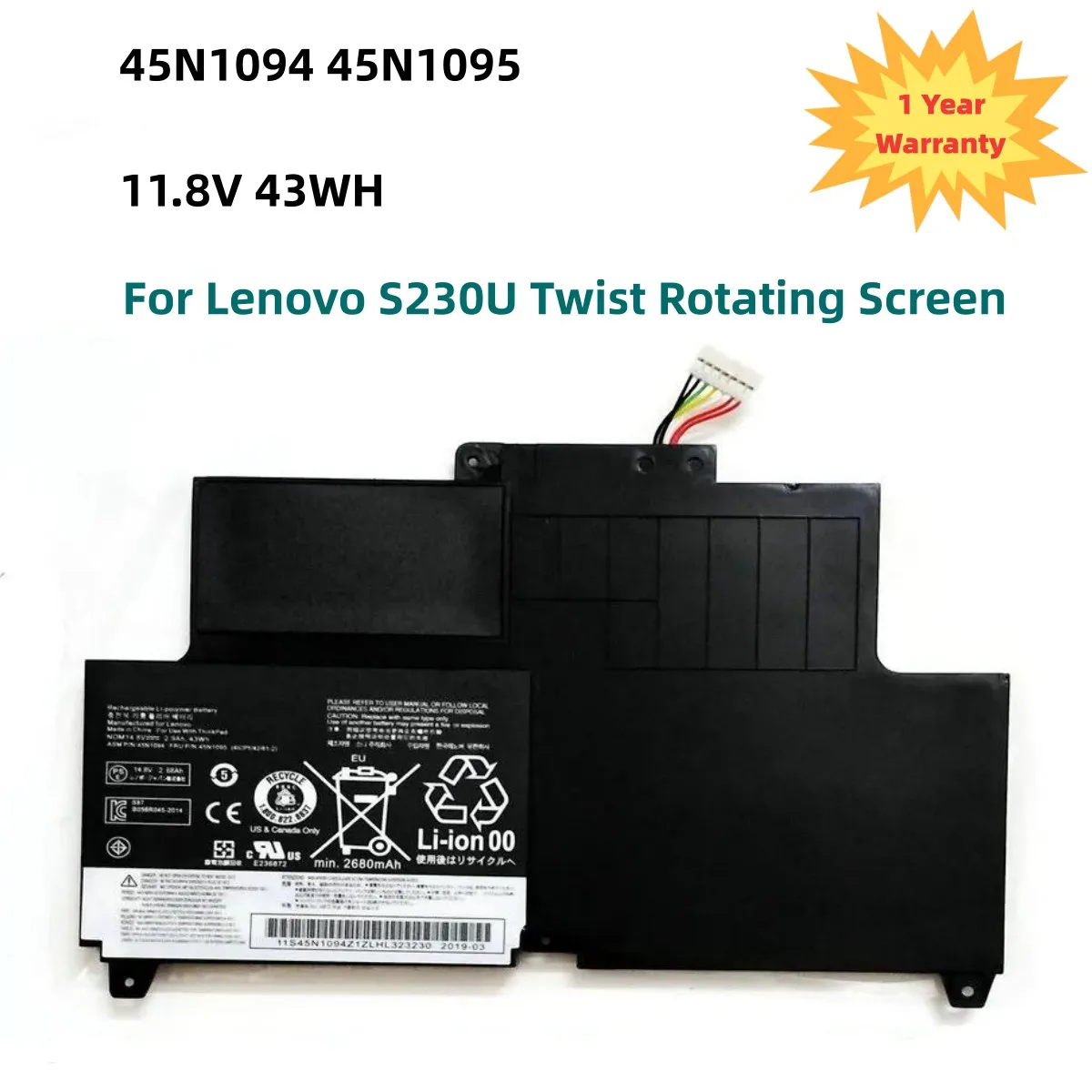 Baterai Laptop 45N1094 45N1095 baru untuk Lenovo S230U layar putar 45N1092 45N1093 11.8V 43WH