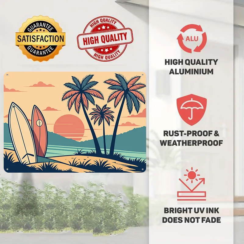 Retro Beach Surfboard Palm Trees Sunset Personalized 3D Textured Metal Poster Wall Art Vintage Tin Signs for Article Decoration