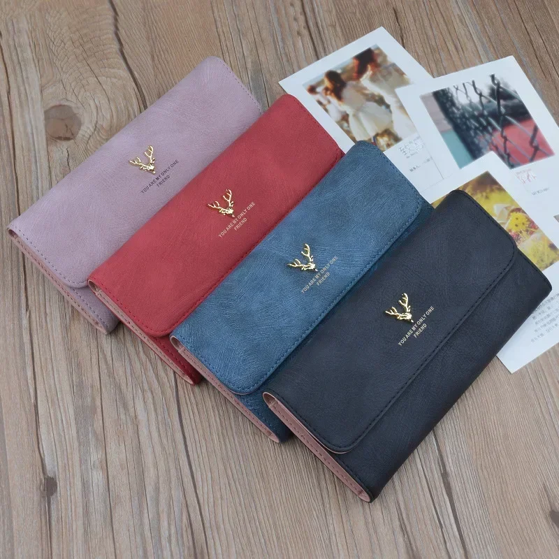 Women's Wallets Multifunctional Fashion New Frosted Long Wallet Retro Deer Snap Clasp Clutch Bag PU Leather Female Coin Purse