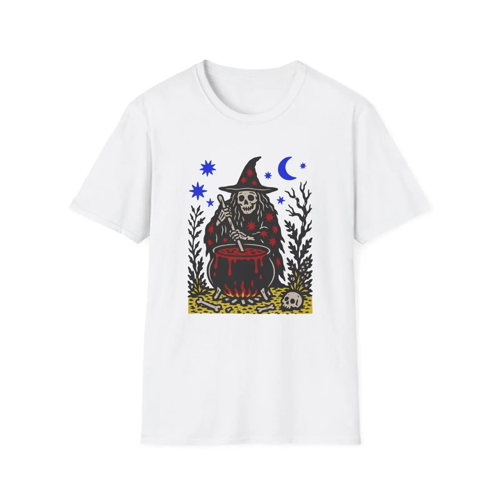 Witch Skeleton Cauldron T Shirt Crescent Moon Stars Linocut Halloween vintage Washed Versatile Casual fashion graphic